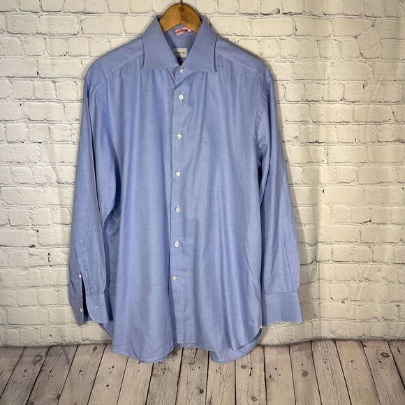 Ermenegildo Zegna Mens Blue White Houndstooth Dress Shirt size 43/17 - Picture 1 of 10